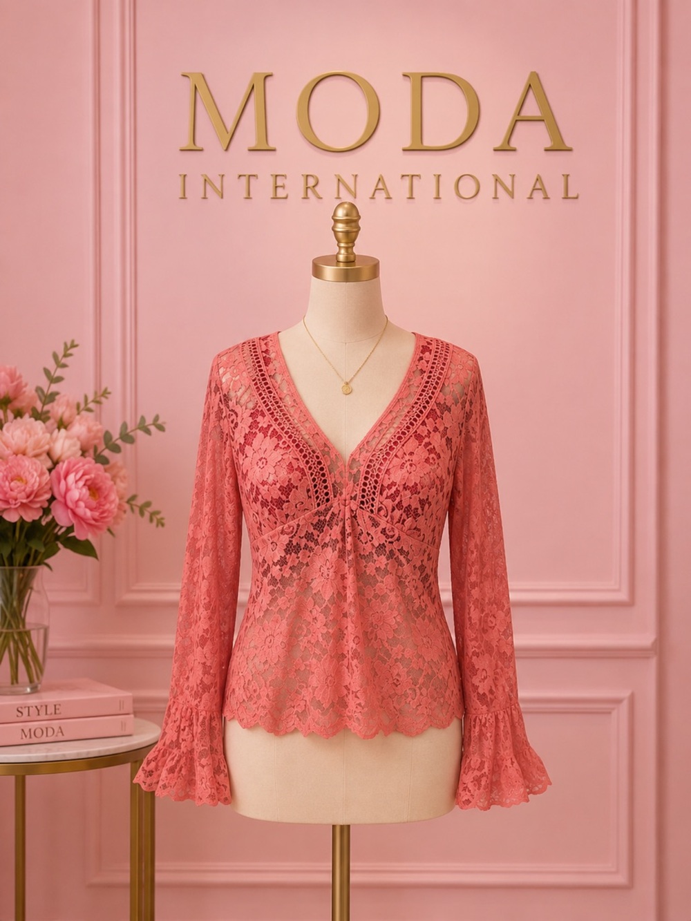 Vintage Y2K Moda International Coral Lace V-Neck romantic lace Top